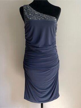JS Boutique One Shoulder Beaded Cocktail Dress Blue Ruched Size 10